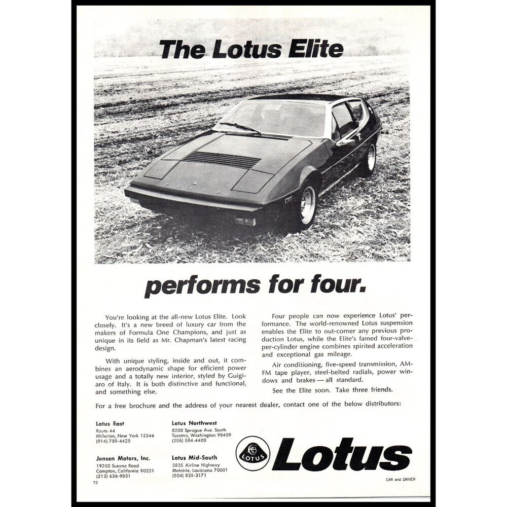 1975 Lotus Elite Sports Car Supercar Vintage Print Ad 70s Design Wall Art Photo